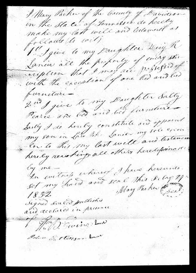 Will of Mary Whitnel Parker, Davidson County, TN, 29 February 1832