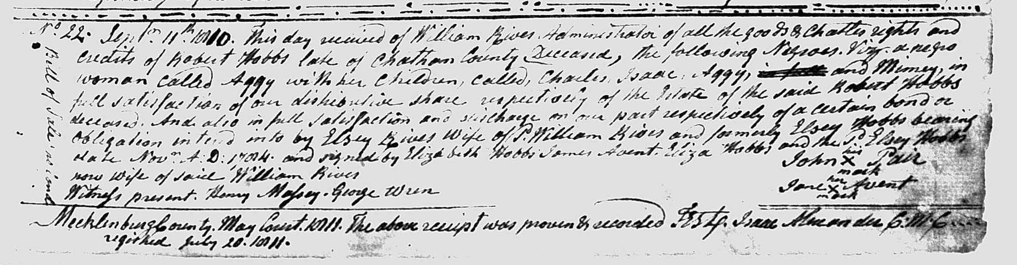 Rives, William McGuffey 20 Jul 1811 negroes from Robert Hobbs estate