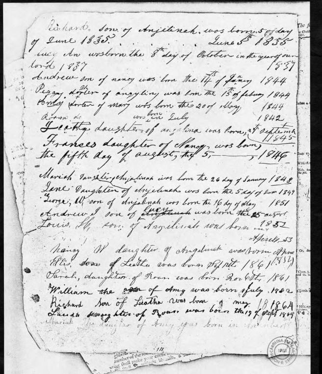 Turner, Stephen III list of slave births from his family Bible