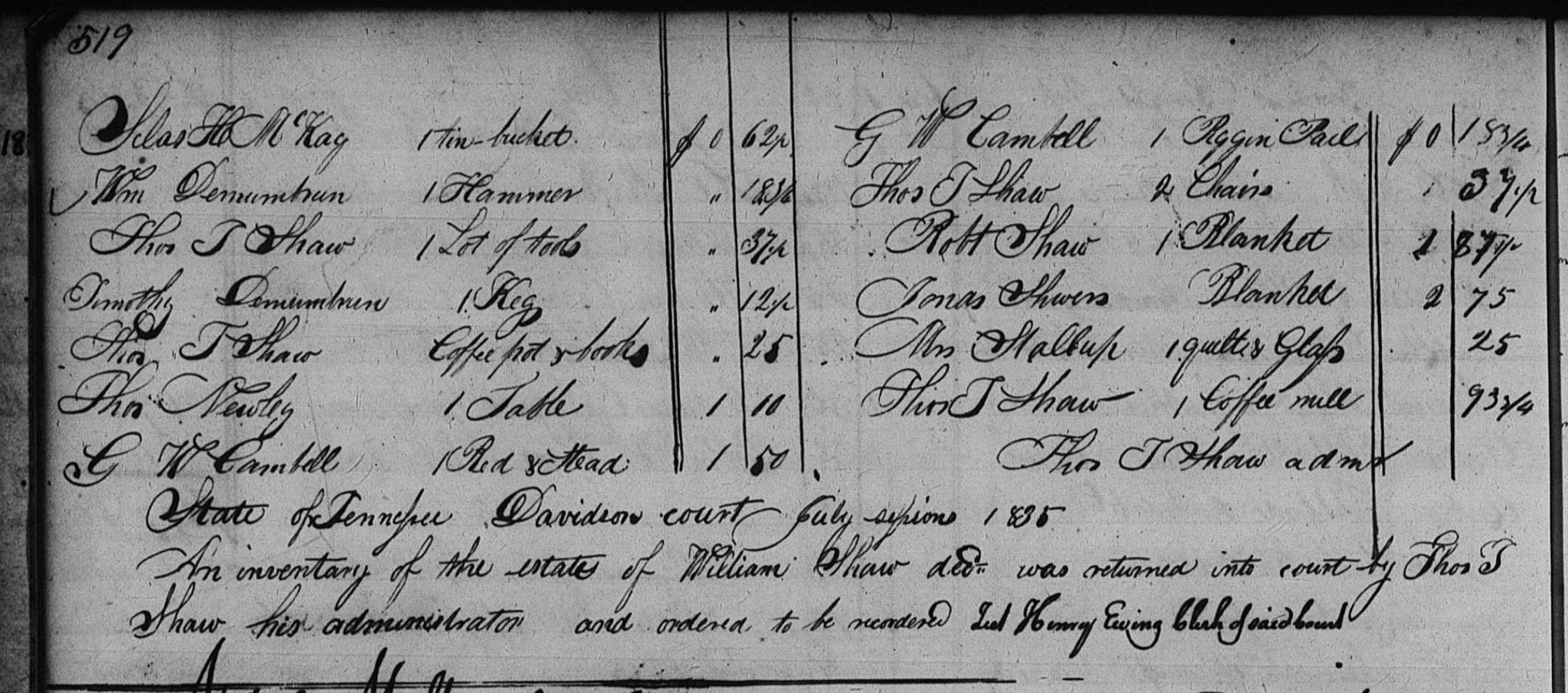 Shaw, William I July 1835 inventory recorded