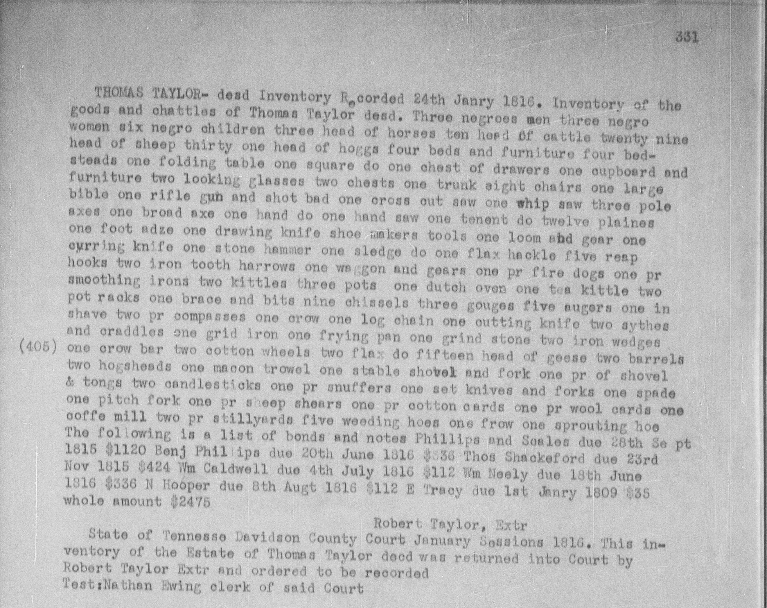 Taylor, Thomas 24 Jan 1816 estate inventory